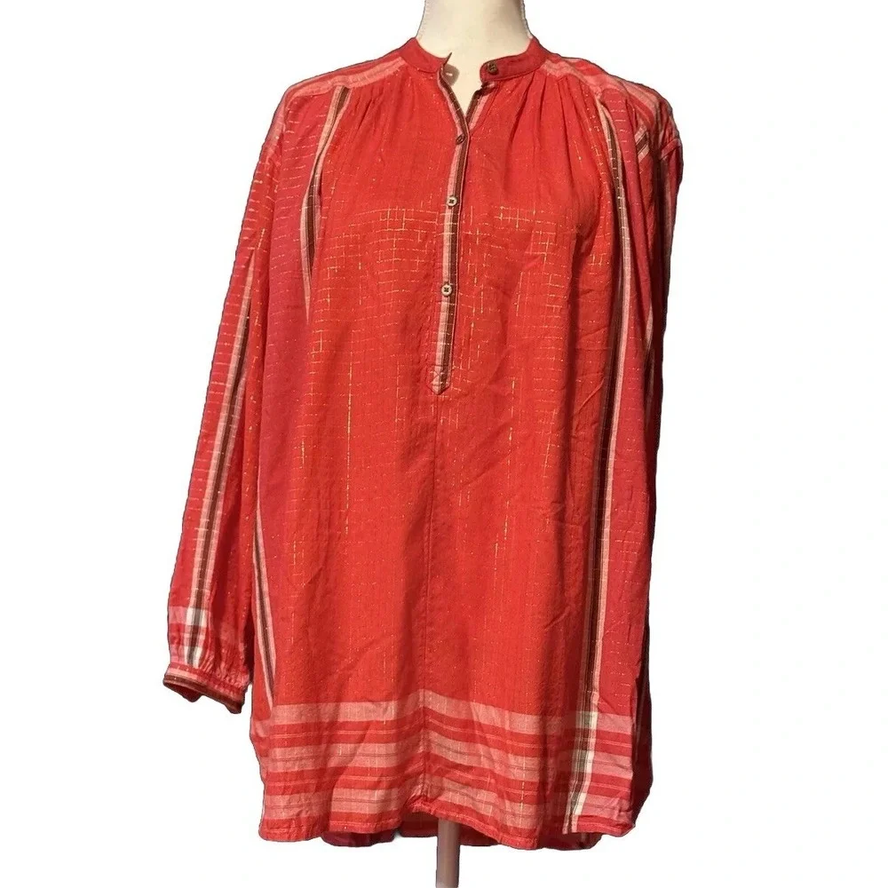 Free People Tunic Dress Red Stripes Metallic Buttons Gold Thread Long Size XS‎